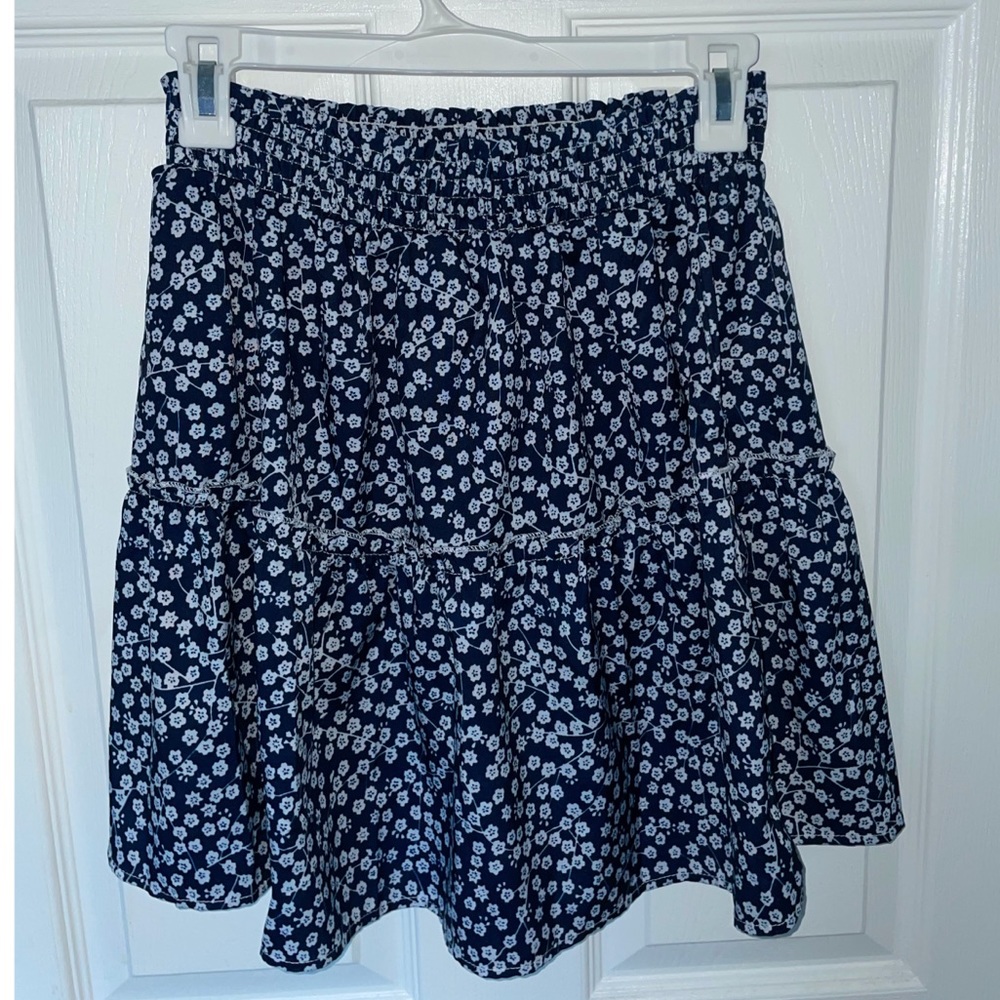 blue and white floral skirt